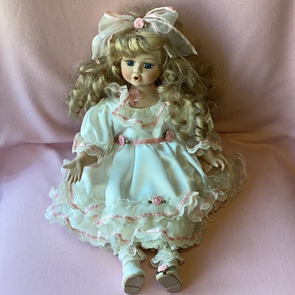 FINAL SALE PRICE Blue Eyed Little Girl W/Curls Porcelain Doll